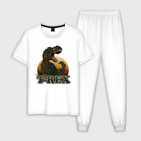 Мужская пижама хлопок с принтом T-Rex в Белгороде, 100% хлопок | брюки и футболка прямого кроя, без карманов, на брюках мягкая резинка на поясе и по низу штанин
 | Тематика изображения на принте: dino | dinosaurs | t rex | trex | вымирание | дино | динозавр | зубы | ледниковый | ледниковый период | мамонт | опасность | оскал | пасть | т рекс | ти рекс | тирекс | хвост | холод | чешуя