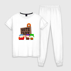 Женская пижама хлопок с принтом South Park в Белгороде, 100% хлопок | брюки и футболка прямого кроя, без карманов, на брюках мягкая резинка на поясе и по низу штанин | park | south | south park | картман | кени | они убили кени | парк | сволочи | южный | южный парк