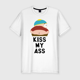 Мужская футболка хлопок Slim с принтом KISS MY ASS в Белгороде, 92% хлопок, 8% лайкра | приталенный силуэт, круглый вырез ворота, длина до линии бедра, короткий рукав | cartman | kenny | park | south | southpark | картман | кенни | мульт | мультик | парк | персонаж | персонажи | сериал | южный