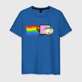 Мужская футболка хлопок с принтом Картман Nyan Cat в Белгороде, 100% хлопок | прямой крой, круглый вырез горловины, длина до линии бедер, слегка спущенное плечо. | Тематика изображения на принте: cartman | eric cartman | nyan cat | south park | кот | милый | ня кот | нян кот | няшный | прикол | радуга | радужный | саус парк | смешная | смешной | эрик | эрик картман | южный парк
