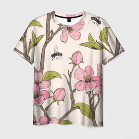 Мужская футболка 3D с принтом САКУРА | SAKURA в Белгороде, 100% полиэфир | прямой крой, круглый вырез горловины, длина до линии бедер | animals | bees | chery | flowers | insects | japan | sakura | вишня | животные | насекомые | пчелы | растения | сакура | цветы | цветы сакуры | япония
