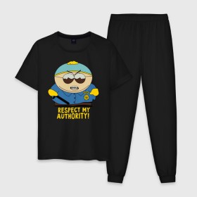 Мужская пижама хлопок с принтом South Park, Эрик Картман в Белгороде, 100% хлопок | брюки и футболка прямого кроя, без карманов, на брюках мягкая резинка на поясе и по низу штанин
 | eric cartman | respect my authority | south park | эрик картман | южный парк