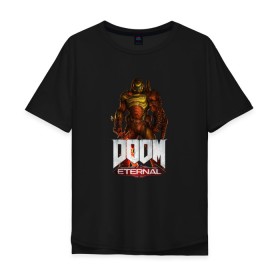 Мужская футболка хлопок Oversize с принтом DOOM ETERNAL в Белгороде, 100% хлопок | свободный крой, круглый ворот, “спинка” длиннее передней части | Тематика изображения на принте: demons | devil | doom | doom eternal | doom guy | doom slayer | hell | slayer | ад | демоны | дум | палач рока