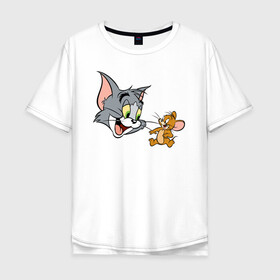 Мужская футболка хлопок Oversize с принтом Tom&Jerry в Белгороде, 100% хлопок | свободный крой, круглый ворот, “спинка” длиннее передней части | Тематика изображения на принте: spike | tom  jerry | tom and jerry | tomjerry | tuffy | vdgerir | мамочка два тапочка | том и джери | том и джерри