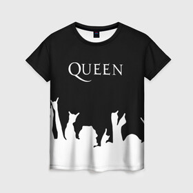 Женская футболка 3D с принтом QUEEN  в Белгороде, 100% полиэфир ( синтетическое хлопкоподобное полотно) | прямой крой, круглый вырез горловины, длина до линии бедер | queen | rock | we will rock you | брайан мэи | группа queen | группа квин | джон дикон | квин | королева | король | роджер тейлор | рок | фредди меркьюри