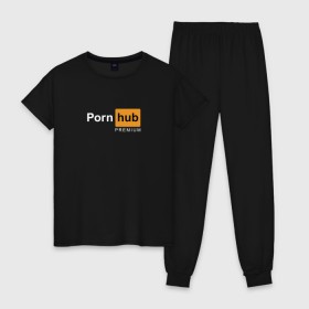 Женская пижама хлопок с принтом PornHub premium в Белгороде, 100% хлопок | брюки и футболка прямого кроя, без карманов, на брюках мягкая резинка на поясе и по низу штанин | premium | бесплатный прем | прем | премиальная | премиум | премиумная