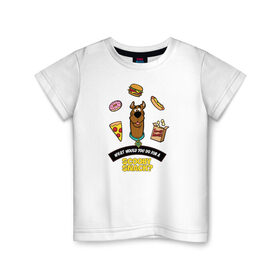 Детская футболка хлопок с принтом Scooby Snack в Белгороде, 100% хлопок | круглый вырез горловины, полуприлегающий силуэт, длина до линии бедер | Тематика изображения на принте: scooby doo | vdosadir | еда | пицца | скуберт фон дуенхеймер | скуби ду | уильям ханна