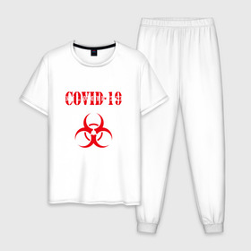 Мужская пижама хлопок с принтом COVID-19 в Белгороде, 100% хлопок | брюки и футболка прямого кроя, без карманов, на брюках мягкая резинка на поясе и по низу штанин
 | coronavirus | covid 19 | keep calm | virus | будь спокоен | вирус | ковид 19 | корона вирус | коронавирус | короновирус | пандемия | т вирус | эпидемия