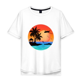Мужская футболка хлопок Oversize с принтом Закат на море в Белгороде, 100% хлопок | свободный крой, круглый ворот, “спинка” длиннее передней части | закат | лодка | море | океан | отдых | отпуск | пальма | птицы | самолет | солнце | яркая