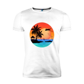 Мужская футболка премиум с принтом Закат на море в Белгороде, 92% хлопок, 8% лайкра | приталенный силуэт, круглый вырез ворота, длина до линии бедра, короткий рукав | закат | лодка | море | океан | отдых | отпуск | пальма | птицы | самолет | солнце | яркая