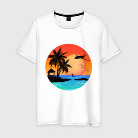 Мужская футболка хлопок с принтом Закат на море в Белгороде, 100% хлопок | прямой крой, круглый вырез горловины, длина до линии бедер, слегка спущенное плечо. | закат | лодка | море | океан | отдых | отпуск | пальма | птицы | самолет | солнце | яркая