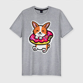 Мужская футболка хлопок Slim с принтом Милый корги в пончике в Белгороде, 92% хлопок, 8% лайкра | приталенный силуэт, круглый вырез ворота, длина до линии бедра, короткий рукав | corgi | корги | маленькая собачка | милый | милый корги | рыжая | рыжая собачка | собака | собачка | такси