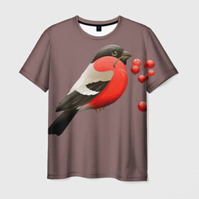 Мужская футболка 3D с принтом Снегирь  в Белгороде, 100% полиэфир | прямой крой, круглый вырез горловины, длина до линии бедер | красные ягоды | прикольные картинки | природа | птица | ягода