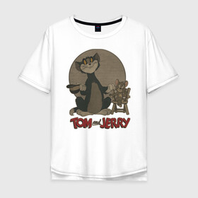 Мужская футболка хлопок Oversize с принтом Tom&Jerry в Белгороде, 100% хлопок | свободный крой, круглый ворот, “спинка” длиннее передней части | spike | tom  jerry | tom and jerry | tomjerry | tuffy | vdgerir | мамочка два тапочка | том и джери | том и джерри