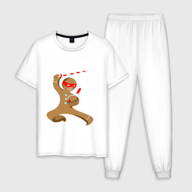 Мужская пижама хлопок с принтом Пряничный ниндзя в Белгороде, 100% хлопок | брюки и футболка прямого кроя, без карманов, на брюках мягкая резинка на поясе и по низу штанин
 | айкидо | кунг фу | ниндзя | пряничный человечек