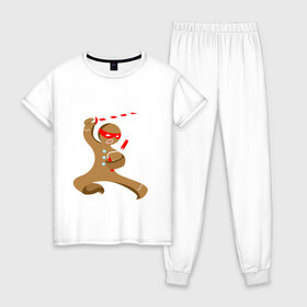 Женская пижама хлопок с принтом Пряничный ниндзя в Белгороде, 100% хлопок | брюки и футболка прямого кроя, без карманов, на брюках мягкая резинка на поясе и по низу штанин | айкидо | кунг фу | ниндзя | пряничный человечек