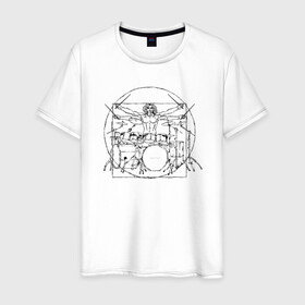 Мужская футболка хлопок с принтом Витрувианский барабанщик в Белгороде, 100% хлопок | прямой крой, круглый вырез горловины, длина до линии бедер, слегка спущенное плечо. | Тематика изображения на принте: барабанщик | витрувианский человек | да винчи | рок | ударные