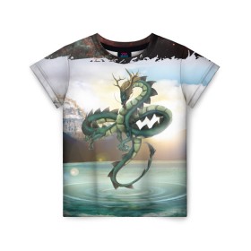Детская футболка 3D с принтом Дракон в Белгороде, 100% гипоаллергенный полиэфир | прямой крой, круглый вырез горловины, длина до линии бедер, чуть спущенное плечо, ткань немного тянется | dragon | monster | драго | дракон | космический дракон | монстр | огнедыщащий | прикольная картинка | чудовище | японский дракон | ящерица