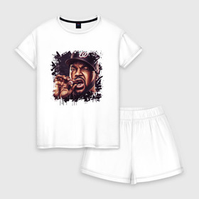 Женская пижама с шортиками хлопок с принтом Ice Cube в Белгороде, 100% хлопок | футболка прямого кроя, шорты свободные с широкой мягкой резинкой | ice cube | oshea jackson | rap | айс куб | айс кьюб | реп | репер | рэпер | хип хоп