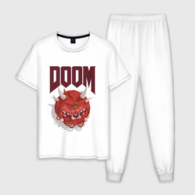 Мужская пижама хлопок с принтом DOOM в Белгороде, 100% хлопок | брюки и футболка прямого кроя, без карманов, на брюках мягкая резинка на поясе и по низу штанин
 | demons | devil | doom | doom eternal | doom slayer | hell | slayer | ад | демоны | дум