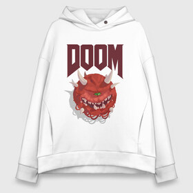 Женское худи Oversize хлопок с принтом DOOM в Белгороде, френч-терри — 70% хлопок, 30% полиэстер. Мягкий теплый начес внутри —100% хлопок | боковые карманы, эластичные манжеты и нижняя кромка, капюшон на магнитной кнопке | demons | devil | doom | doom eternal | doom slayer | hell | slayer | ад | демоны | дум