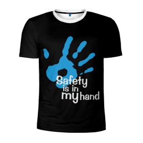 Мужская футболка 3D спортивная с принтом Safety in my hand! в Белгороде, 100% полиэстер с улучшенными характеристиками | приталенный силуэт, круглая горловина, широкие плечи, сужается к линии бедра | covid 19 | cronavirus | quarantine | safety always | safety first | безопасность | в руках | коронавирус