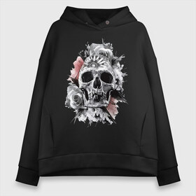 Женское худи Oversize хлопок с принтом Skull в Белгороде, френч-терри — 70% хлопок, 30% полиэстер. Мягкий теплый начес внутри —100% хлопок | боковые карманы, эластичные манжеты и нижняя кромка, капюшон на магнитной кнопке | flower | grin | jaw | orbits | rose | skull | teeth | глазницы | зубы | оскал | пасть | роза | цветок | череп