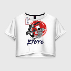 Женская футболка Crop-top 3D с принтом Карпы Кои Киото в Белгороде, 100% полиэстер | круглая горловина, длина футболки до линии талии, рукава с отворотами | Тематика изображения на принте: киото япония японский стиль карпы кои