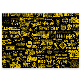 Поздравительная открытка с принтом Логотипы рок групп GOLD в Белгороде, 100% бумага | плотность бумаги 280 г/м2, матовая, на обратной стороне линовка и место для марки
 | ac dc | deep purple | him | hollywood undead | iron maiden | kiss | limp bizkit | linkin park | louna | manowar | metallica | rammstein | slipknot | thirty seconds to mars | алиса | групп | логотипы | луна | рок