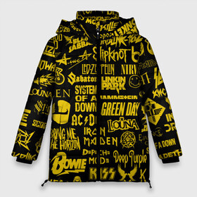 Женская зимняя куртка 3D с принтом Логотипы рок групп GOLD в Белгороде, верх — 100% полиэстер; подкладка — 100% полиэстер; утеплитель — 100% полиэстер | длина ниже бедра, силуэт Оверсайз. Есть воротник-стойка, отстегивающийся капюшон и ветрозащитная планка. 

Боковые карманы с листочкой на кнопках и внутренний карман на молнии | Тематика изображения на принте: ac dc | deep purple | him | hollywood undead | iron maiden | kiss | limp bizkit | linkin park | louna | manowar | metallica | rammstein | slipknot | thirty seconds to mars | алиса | групп | логотипы | луна | рок