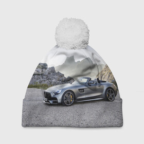 Шапка 3D c помпоном с принтом Mercedes V8 Biturbo в Белгороде, 100% полиэстер | универсальный размер, печать по всей поверхности изделия | cabriolet | car | germany | mercedes | mountains | nature | v 8 biturbo | автомобиль | германия | горы | кабриолет | мерседес | природа
