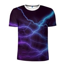 Мужская футболка 3D спортивная с принтом МОЛНИЯ в Белгороде, 100% полиэстер с улучшенными характеристиками | приталенный силуэт, круглая горловина, широкие плечи, сужается к линии бедра | гроза | гром | молния | небо | неон | неоновый | ночь | природа | разряд | текстура | ток | электричество | яркий