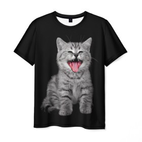 Мужская футболка 3D с принтом Кричащий кот. в Белгороде, 100% полиэфир | прямой крой, круглый вырез горловины, длина до линии бедер | животные | звери | зевающий кот | кися | кот | котенок | котики | коты | кричащий кот | минимализм | питомцы | прикольные картинки