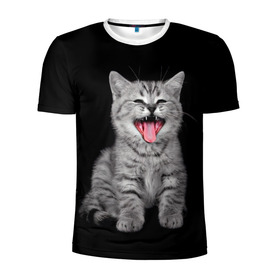 Мужская футболка 3D спортивная с принтом Кричащий кот. в Белгороде, 100% полиэстер с улучшенными характеристиками | приталенный силуэт, круглая горловина, широкие плечи, сужается к линии бедра | животные | звери | зевающий кот | кися | кот | котенок | котики | коты | кричащий кот | минимализм | питомцы | прикольные картинки