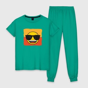 Женская пижама хлопок с принтом Крутой Эмодзи в Белгороде, 100% хлопок | брюки и футболка прямого кроя, без карманов, на брюках мягкая резинка на поясе и по низу штанин | deal with it | emoji | emojico | в очках | весенний | довольный | крутой | крутой смайлик | летний | мем | смайл | смайлик | смайлик в очках | счастливый | эмоджи | эмодзи | эмодзи смс