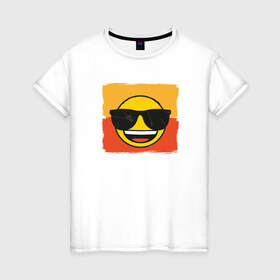 Женская футболка хлопок с принтом Крутой Эмодзи в Белгороде, 100% хлопок | прямой крой, круглый вырез горловины, длина до линии бедер, слегка спущенное плечо | Тематика изображения на принте: deal with it | emoji | emojico | в очках | весенний | довольный | крутой | крутой смайлик | летний | мем | смайл | смайлик | смайлик в очках | счастливый | эмоджи | эмодзи | эмодзи смс