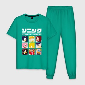 Мужская пижама хлопок с принтом Японский Sonic в Белгороде, 100% хлопок | брюки и футболка прямого кроя, без карманов, на брюках мягкая резинка на поясе и по низу штанин
 | Тематика изображения на принте: 16бит | 8бит | dendy | hedgehog | japan | movie | sega | sonic | the | в японском стиле | винтаж | денди | ёжик | игра | иероглифы | йероглифы | кино | сега | соник | фильм | японский