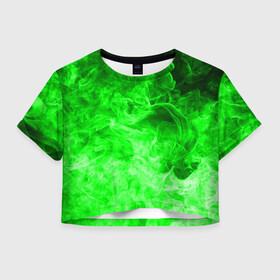 Женская футболка Crop-top 3D с принтом ОГОНЬ GREEN NEON в Белгороде, 100% полиэстер | круглая горловина, длина футболки до линии талии, рукава с отворотами | битва огней | зеленый | неон | неоновый | огонь | пламя | пожар | салатовый | стихия | текстура | цветной | яркий