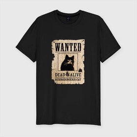 Мужская футболка хлопок Slim с принтом Кот в Белгороде, 92% хлопок, 8% лайкра | приталенный силуэт, круглый вырез ворота, длина до линии бедра, короткий рукав | cat | wanted | живым или мертвым | кот | кот шредингера | котэ | опасен | разыскивается | чёрный кот