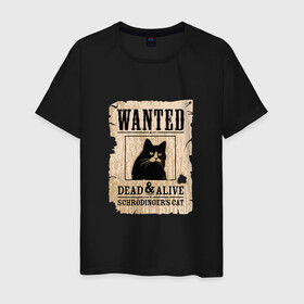 Мужская футболка хлопок с принтом Кот в Белгороде, 100% хлопок | прямой крой, круглый вырез горловины, длина до линии бедер, слегка спущенное плечо. | cat | wanted | живым или мертвым | кот | кот шредингера | котэ | опасен | разыскивается | чёрный кот