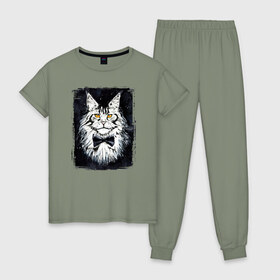 Женская пижама хлопок с принтом Hello kittys! в Белгороде, 100% хлопок | брюки и футболка прямого кроя, без карманов, на брюках мягкая резинка на поясе и по низу штанин | акварельный | арт | галстук бабочка | глаза | кот | коты | котяра | кошка | крутая рисунок | мейнкун | мейнкуны | мех | мэйн кун | портрет | рисованный | скетч | стильная | чёрный