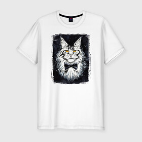 Мужская футболка хлопок Slim с принтом Hello kittys! в Белгороде, 92% хлопок, 8% лайкра | приталенный силуэт, круглый вырез ворота, длина до линии бедра, короткий рукав | акварельный | арт | галстук бабочка | глаза | кот | коты | котяра | кошка | крутая рисунок | мейнкун | мейнкуны | мех | мэйн кун | портрет | рисованный | скетч | стильная | чёрный