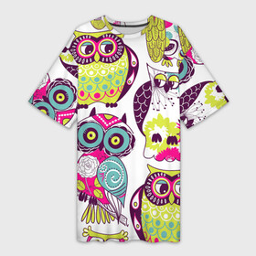 Платье-футболка 3D с принтом МУДРЫЕ СОВЫ | WISE OWLS в Белгороде,  |  | Тематика изображения на принте: aves | весенние | животные | клюв | паттерн | пернатые | птица | птицы | сова | совы