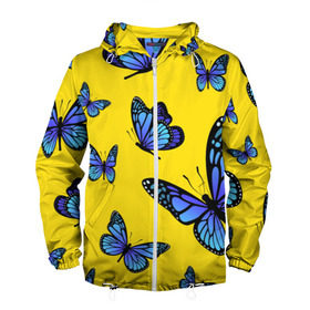 Мужская ветровка 3D с принтом БАБОЧКИ в Белгороде, 100% полиэстер | подол и капюшон оформлены резинкой с фиксаторами, два кармана без застежек по бокам, один потайной карман на груди | animals | blue | butterflies | game | insects | life is strange | moth | wings | бабочки | животные | игра | крылья | мотылек | насекомые