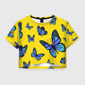 Женская футболка Crop-top 3D с принтом БАБОЧКИ в Белгороде, 100% полиэстер | круглая горловина, длина футболки до линии талии, рукава с отворотами | animals | blue | butterflies | game | insects | life is strange | moth | wings | бабочки | животные | игра | крылья | мотылек | насекомые