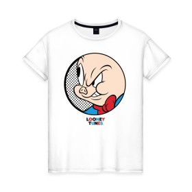 Женская футболка хлопок с принтом Porky Pig в Белгороде, 100% хлопок | прямой крой, круглый вырез горловины, длина до линии бедер, слегка спущенное плечо | looney tunes | porky pig | vdzabma | луни тюнз | порки пиг | поросенок порки