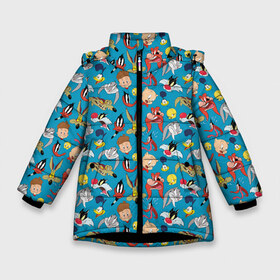 Зимняя куртка для девочек 3D с принтом Looney Tunes в Белгороде, ткань верха — 100% полиэстер; подклад — 100% полиэстер, утеплитель — 100% полиэстер. | длина ниже бедра, удлиненная спинка, воротник стойка и отстегивающийся капюшон. Есть боковые карманы с листочкой на кнопках, утяжки по низу изделия и внутренний карман на молнии. 

Предусмотрены светоотражающий принт на спинке, радужный светоотражающий элемент на пуллере молнии и на резинке для утяжки. | bugs bunny | daffy duck | looney tunes | sylvester | tasmanian devil | taz | tweety | vdzabma | багз банни | даффи дак | луни тюнз | сильвестр | таз | тасманский дьяво | твити
