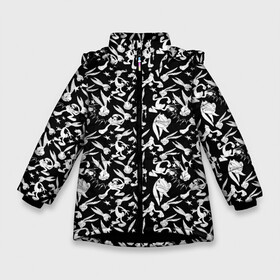 Зимняя куртка для девочек 3D с принтом Багз Банни паттерн в Белгороде, ткань верха — 100% полиэстер; подклад — 100% полиэстер, утеплитель — 100% полиэстер. | длина ниже бедра, удлиненная спинка, воротник стойка и отстегивающийся капюшон. Есть боковые карманы с листочкой на кнопках, утяжки по низу изделия и внутренний карман на молнии. 

Предусмотрены светоотражающий принт на спинке, радужный светоотражающий элемент на пуллере молнии и на резинке для утяжки. | bugs bunny | looney tunes | vdzabma | багз банни | луни тюнз