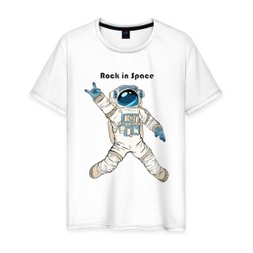 Мужская футболка хлопок с принтом Rock in Space в Белгороде, 100% хлопок | прямой крой, круглый вырез горловины, длина до линии бедер, слегка спущенное плечо. | cosmonaut | rock | rock n roll | space | космонавт | космос | рок