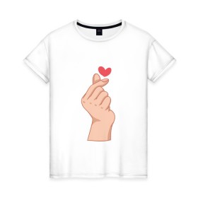 Женская футболка хлопок с принтом Корейское сердечко в Белгороде, 100% хлопок | прямой крой, круглый вырез горловины, длина до линии бедер, слегка спущенное плечо | жест | жесты | корейское сердечко | корейцы | люблю | люблю тебя | любовь | популярное | сердечко | сердце | симпатия | я люблю